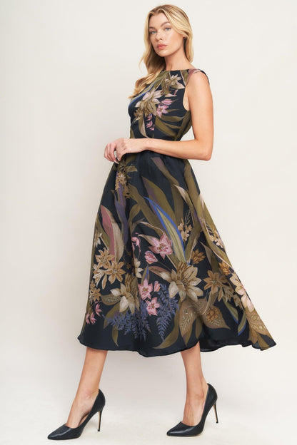 Woman wearing a floral dress on a white background