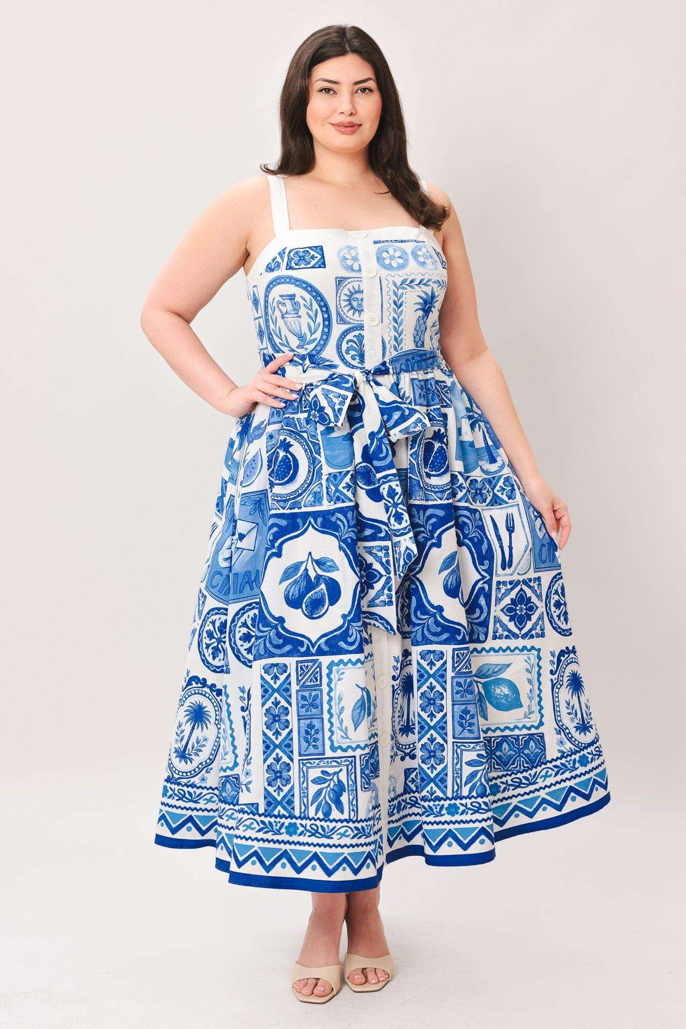 Blue Majolica Charm Woven Midi Dress - Regular & Plus Size