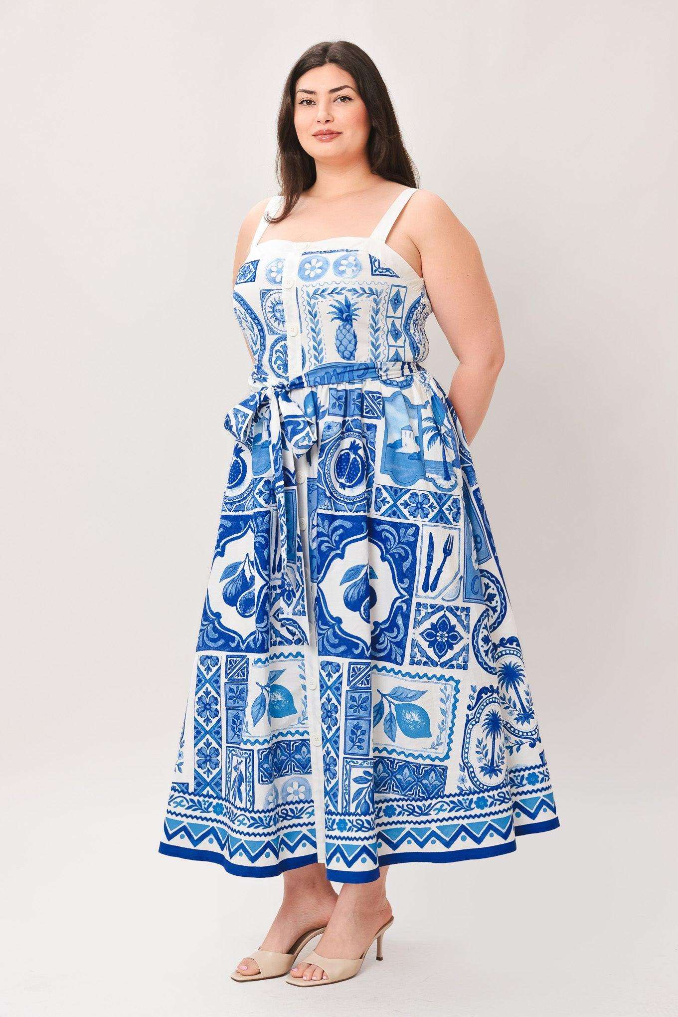 Blue Majolica Charm Woven Midi Dress - Regular & Plus Size