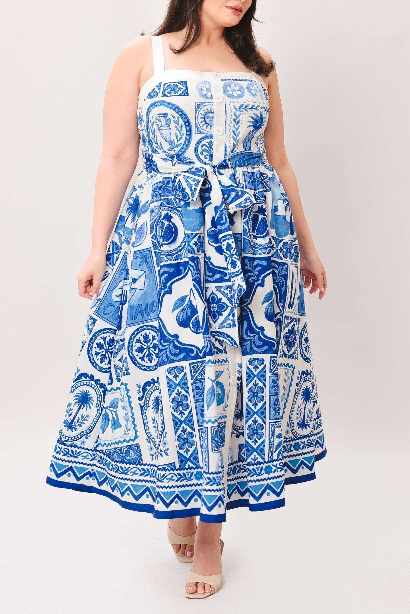 Blue Majolica Charm Woven Midi Dress - Regular & Plus Size