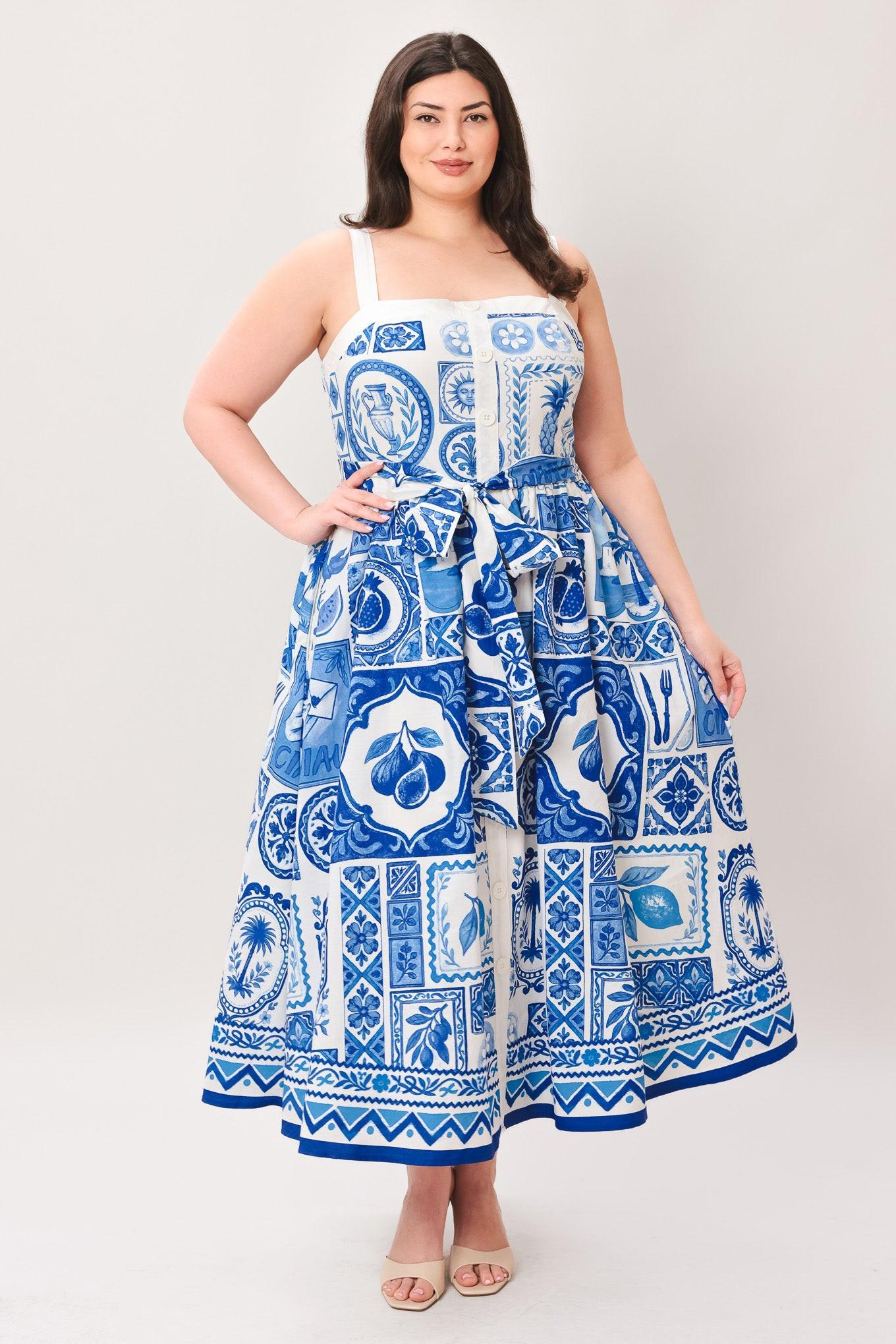 Blue Majolica Charm Woven Midi Dress - Regular & Plus Size