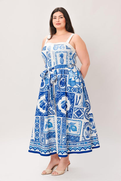 Blue Majolica Charm Woven Midi Dress - Regular & Plus Size