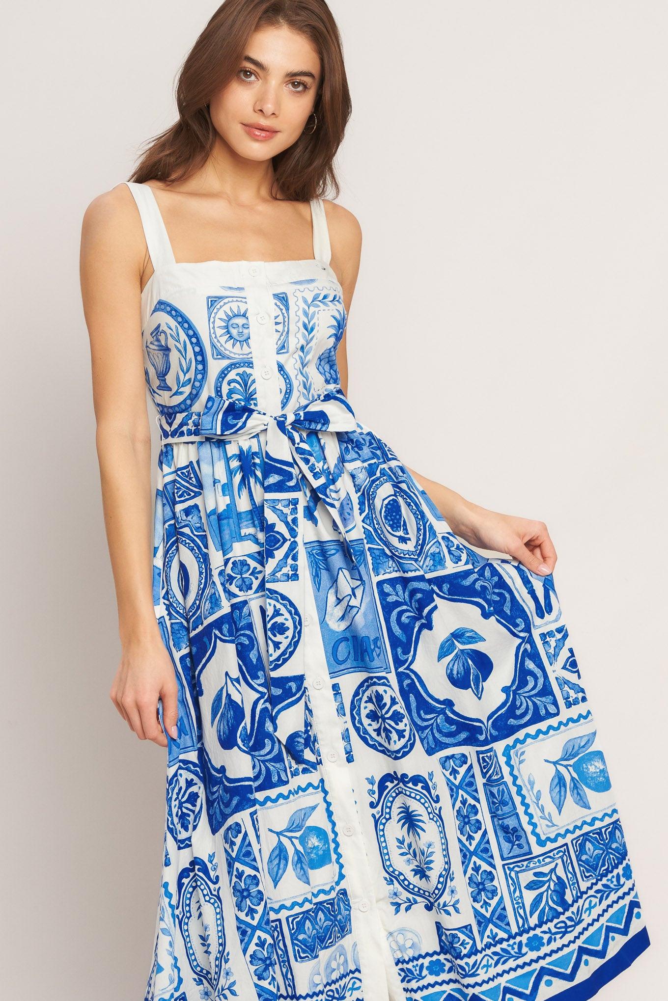 Blue Majolica Charm Woven Midi Dress - Regular & Plus Size