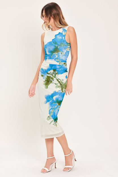 Bluebell Whisper Power Mesh Midi Dress – Elegant Structure with a Whimsical Touch