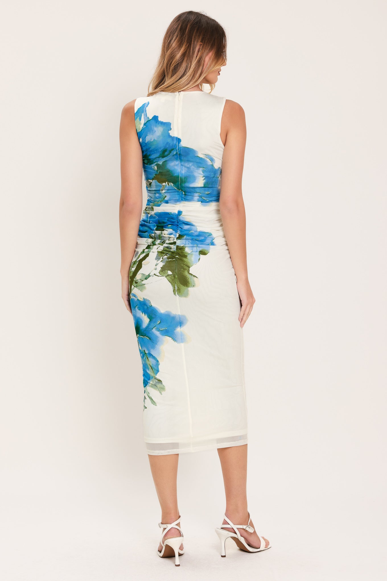 Bluebell Whisper Power Mesh Midi Dress – Elegant Structure with a Whimsical Touch