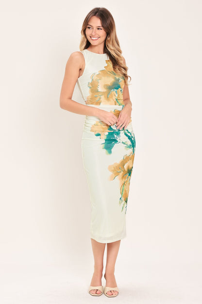Bluebell Whisper Power Mesh Midi Dress – Elegant Structure with a Whimsical Touch