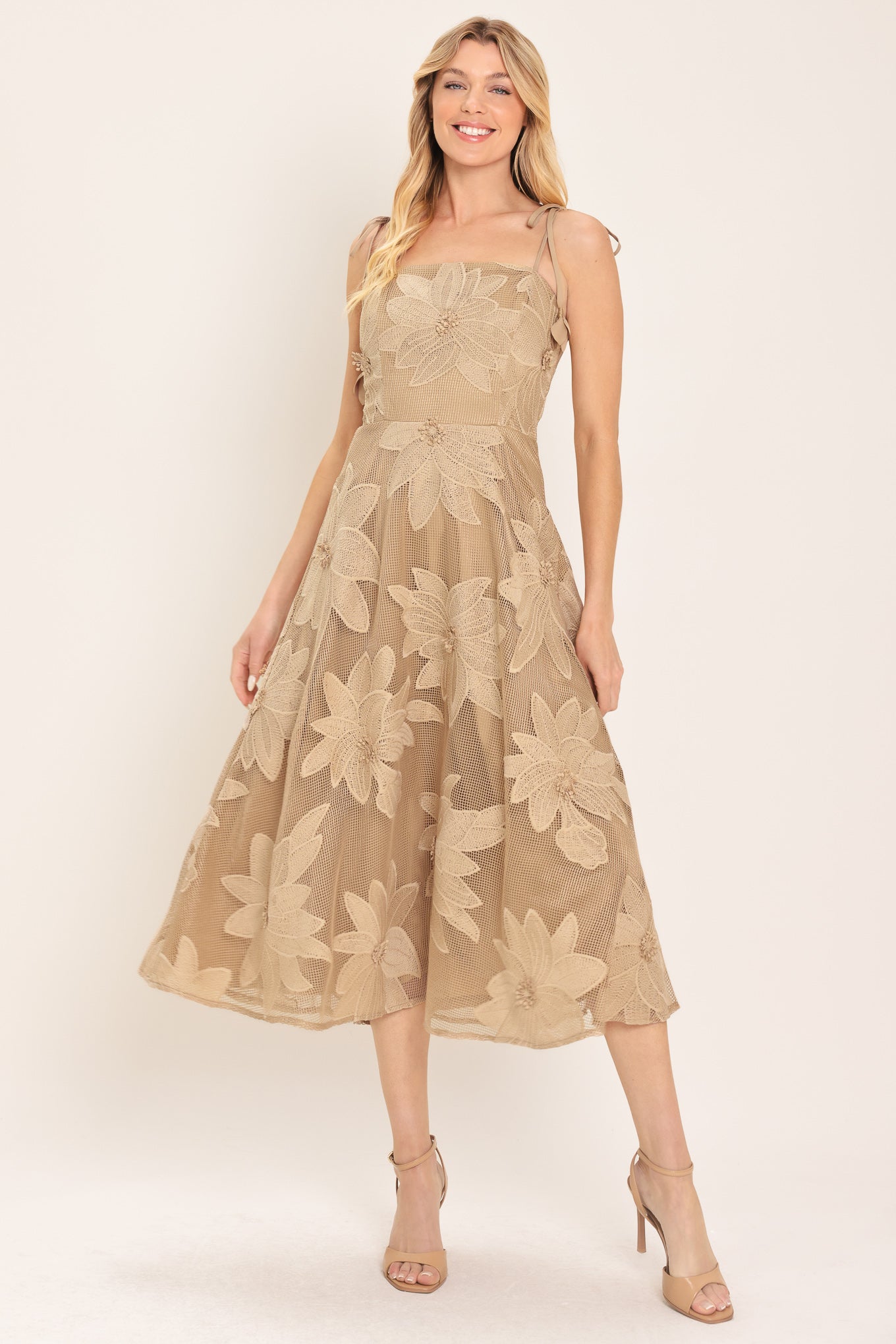 Sandy Bloom Floral Woven Lace Midi Dress - Regular & Plus Sizes - Elegant Event Ready