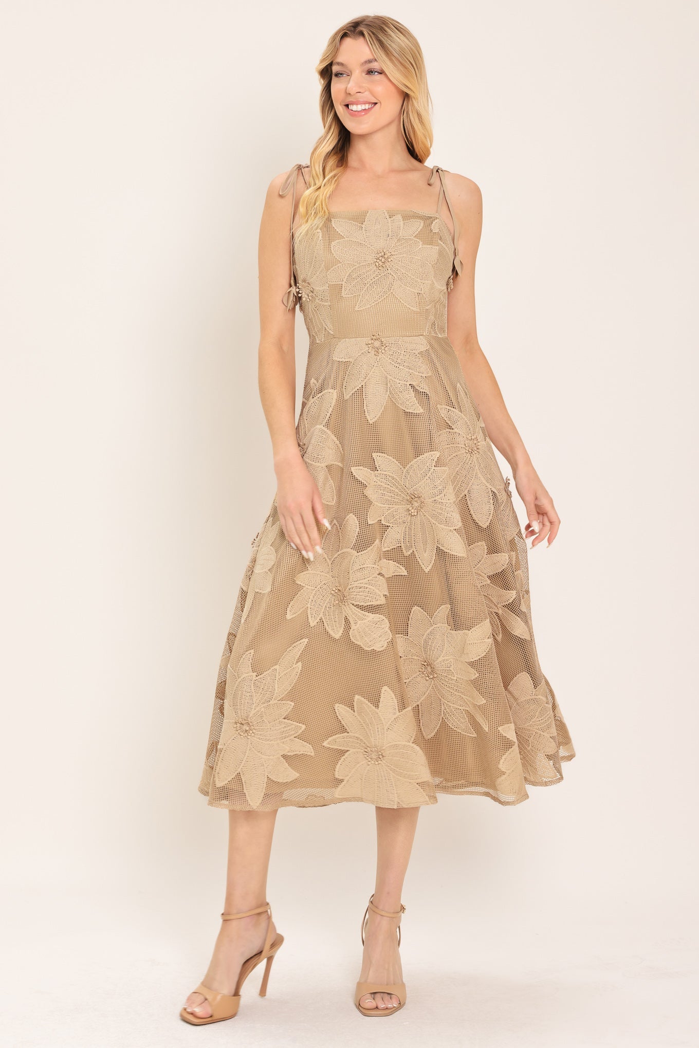 Sandy Bloom Floral Woven Lace Midi Dress - Regular & Plus Sizes - Elegant Event Ready