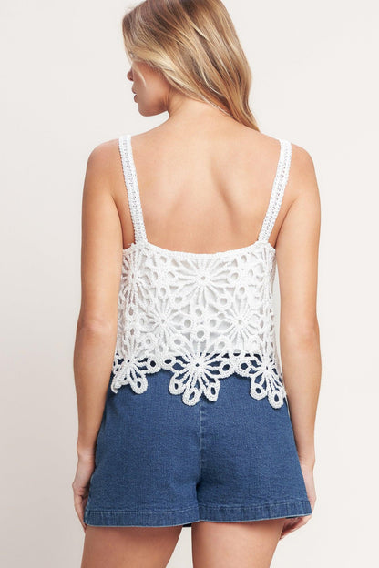Woman wearing a white lace top and denim shorts on a plain background