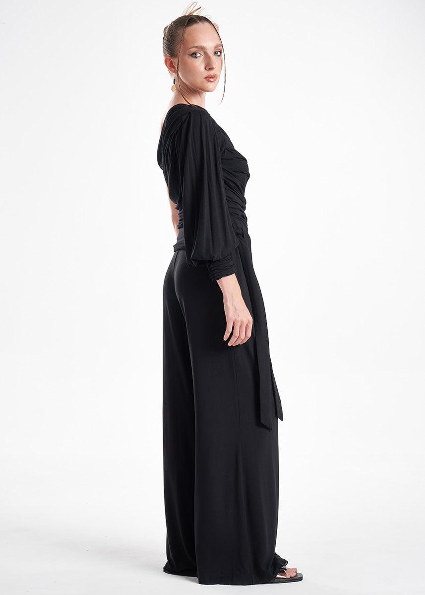 Black Knit 2-Piece Set With An Asymmetrical One-Sleeve Blouse And Palazzo Pants