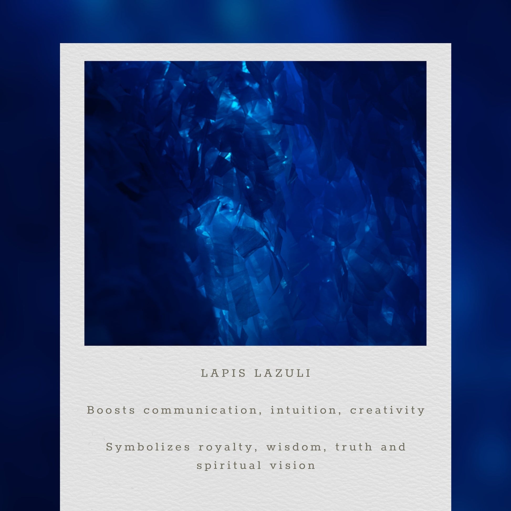 Close-up of lapis lazuli crystals with descriptive text on a blue background