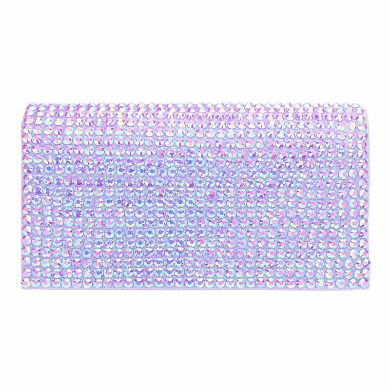 Purple clutch bag with rhinestone embellishments on a white background