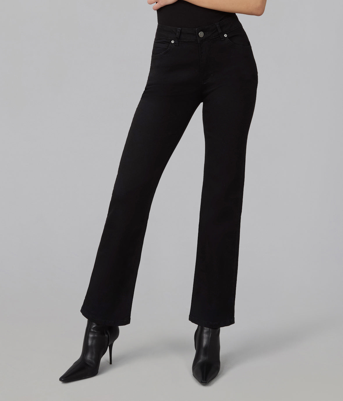 Angled front view of Denver black straight-leg jeans showing the high waist and leg shape.