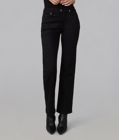 Front view of Denver black high-rise straight-leg jeans styled with black ankle boots.
