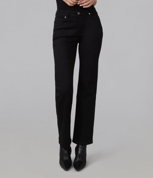 Front view of Denver black high-rise straight-leg jeans styled with black ankle boots.