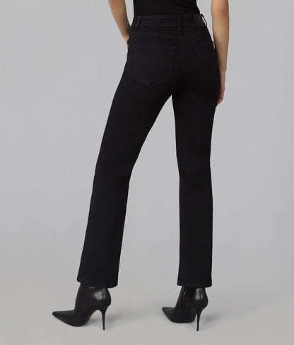 Back view of Denver black high-rise straight-leg jeans showing rear pockets and full-length fit.