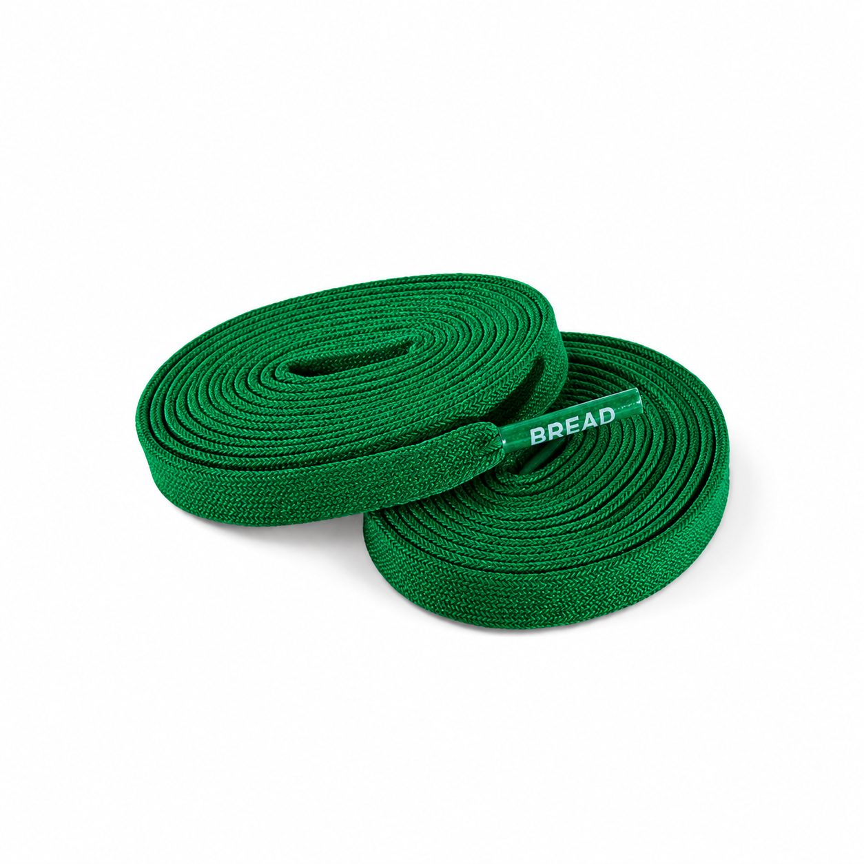 Two coiled green fabric shoelaces with BREAD printed on the plastic aglet.