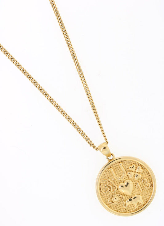 A gold necklace with a round pendant featuring a textured background and a central heart motif, displayed on a clean white background.