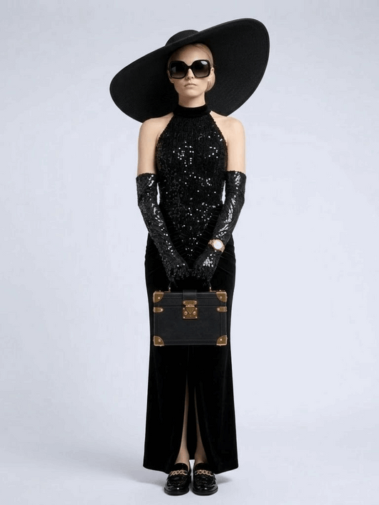 Model wearing the Madison black halter gown with a sequined bodice, draped hips, and floor-length mermaid skirt.