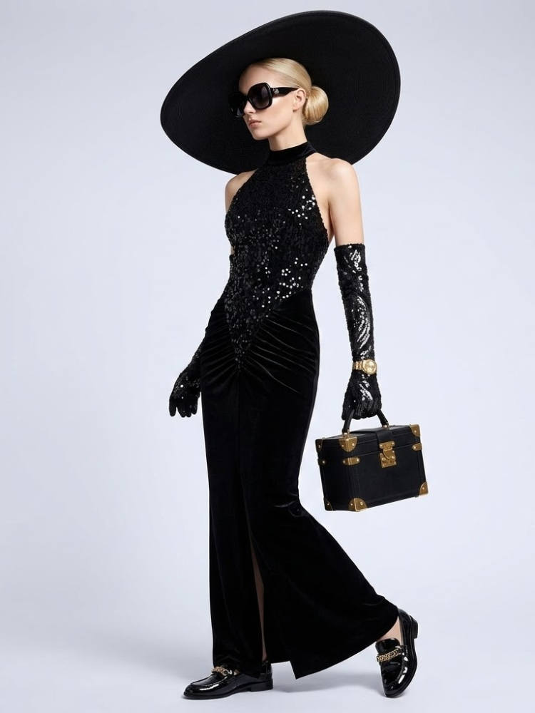 Model wearing the Madison black halter gown with a sequined bodice, draped hips, and floor-length mermaid skirt.