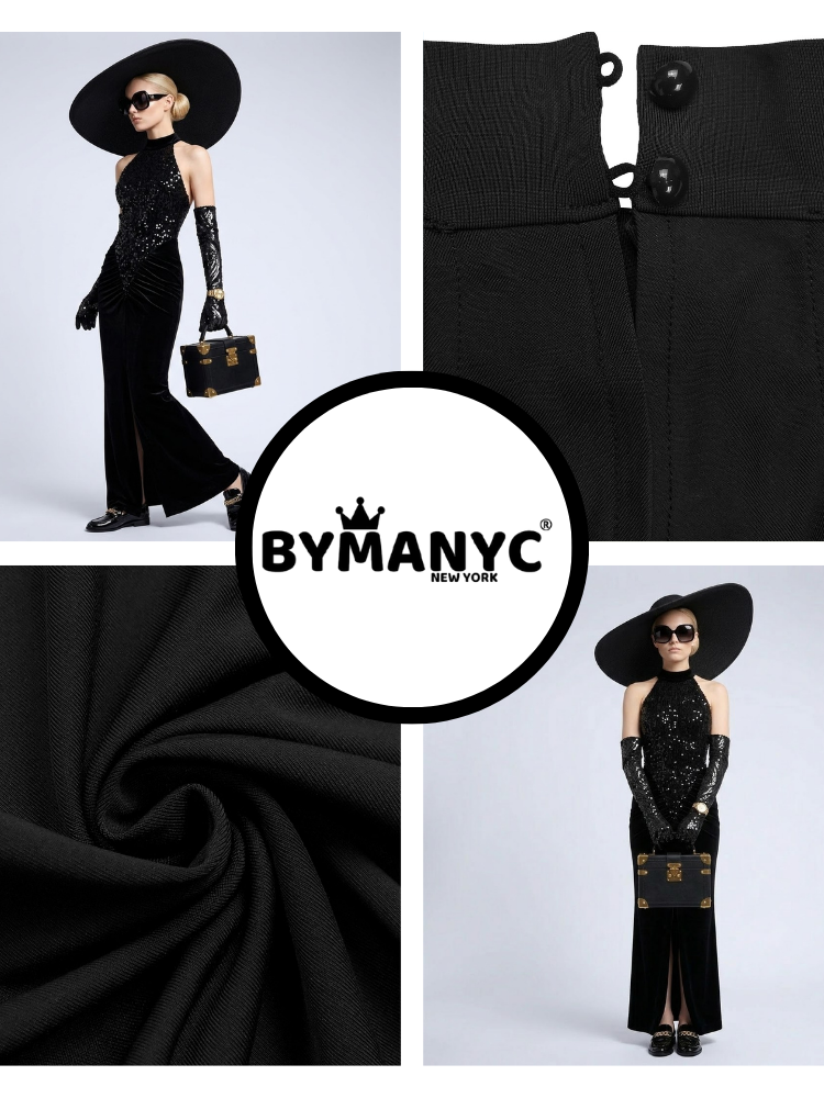 Collage showing features of the Madison black halter gown with a sequined bodice, draped hips, and floor-length mermaid skirt.