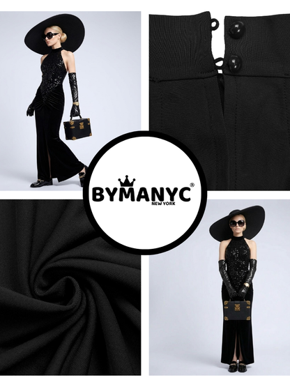 Collage showing features of the Madison black halter gown with a sequined bodice, draped hips, and floor-length mermaid skirt.