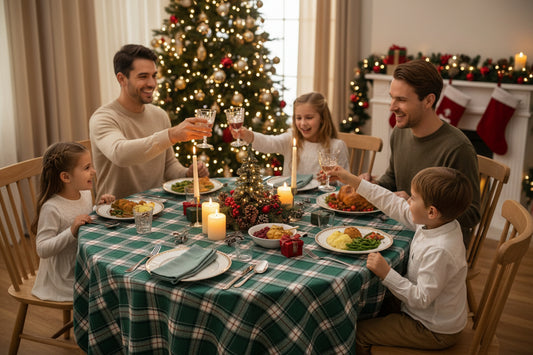 A green plaid tablecloth draped over a round wooden table, styled with folded napkins and glassware in a bright room with a window and wood floor.