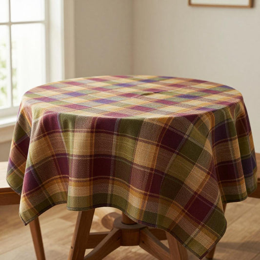 A round table covered with a plaid tablecloth in mustard yellow, burgundy, olive green, and beige.
