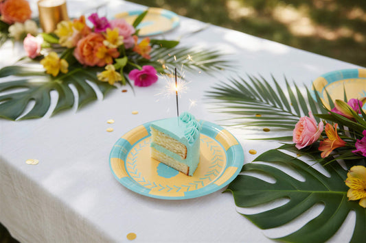 Yellow paper plate with blue rim and pineapple design with birthday cake on a white background 