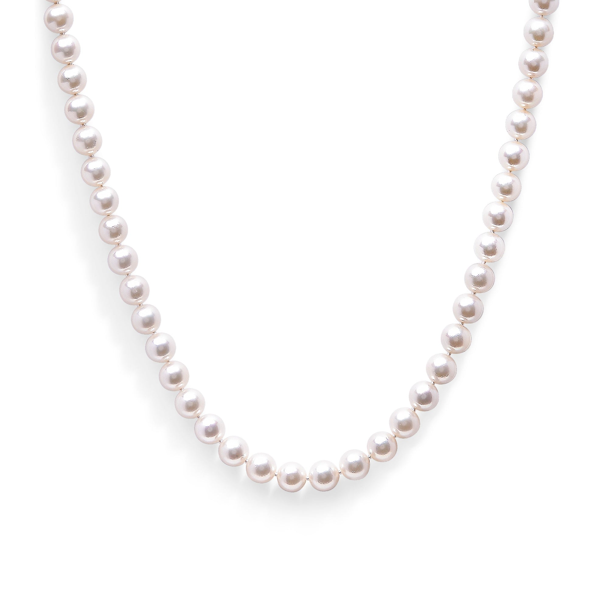 14K yellow gold necklace featuring a strand of 8.0x8.5mm Akoya pearls, displayed on a white background.