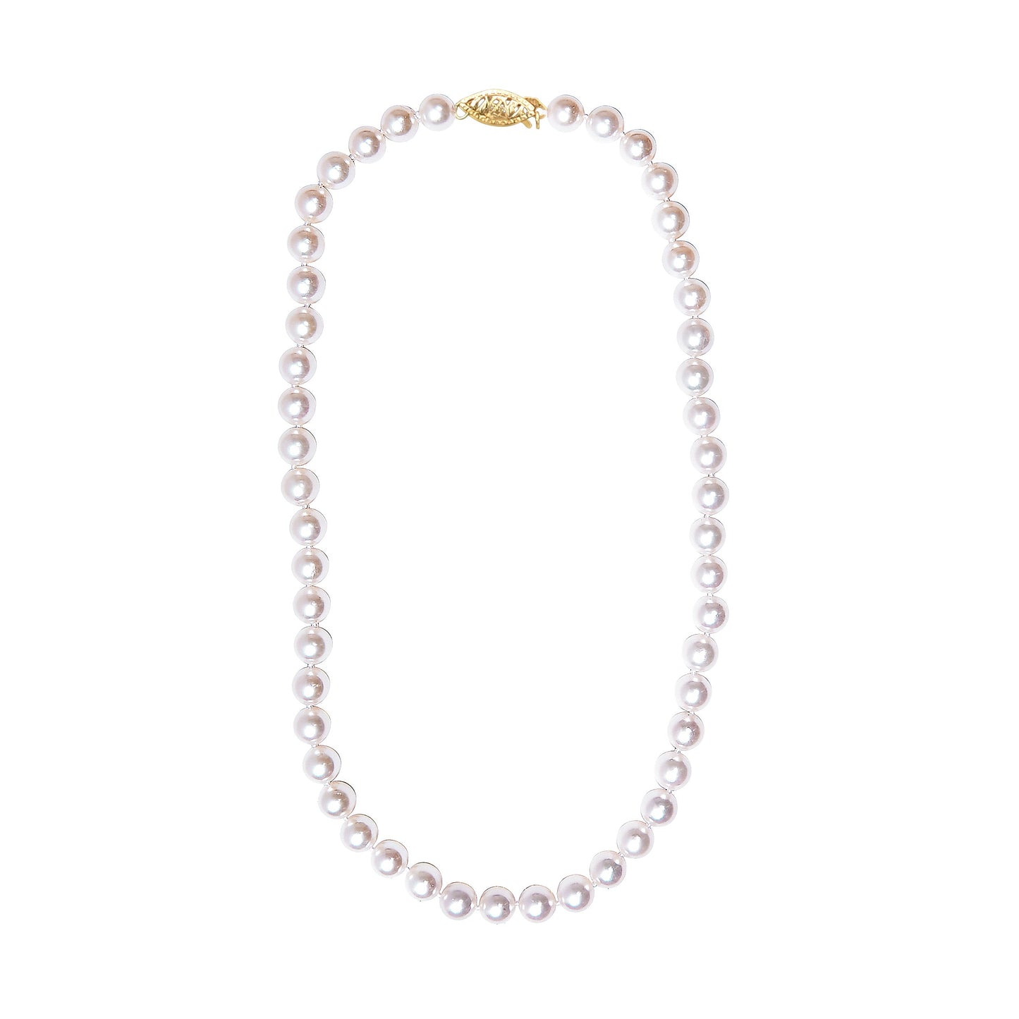 14K yellow gold clasp necklace featuring an 8.0x8.5mm Akoya pearl strand in a classic design.