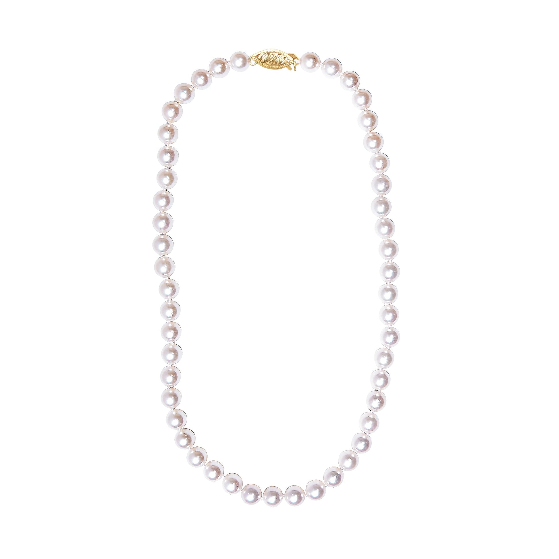14K yellow gold clasp necklace featuring an 8.0x8.5mm Akoya pearl strand in a classic design.