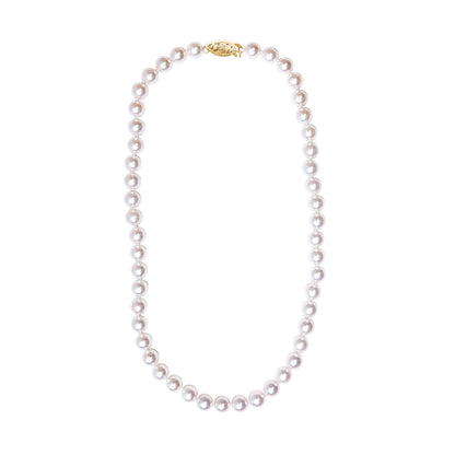 14K yellow gold clasp necklace featuring an 8.0x8.5mm Akoya pearl strand in a classic design.