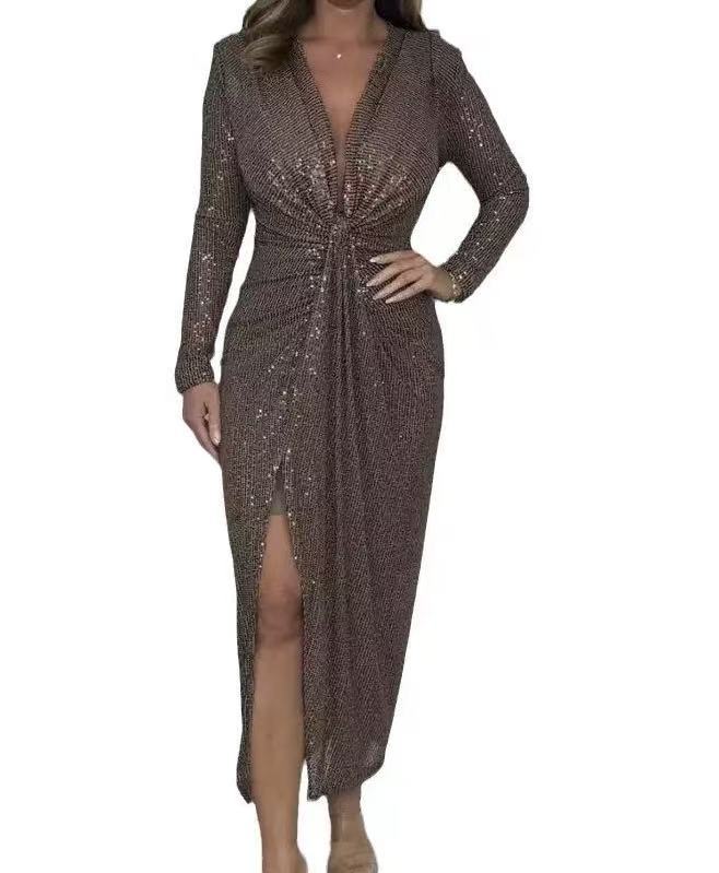 Sequins low V-neck long sleeve party dress in bronze with a thigh-high slit and fitted silhouette.