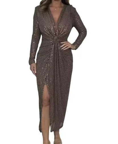 Sequins low V-neck long sleeve party dress in bronze with a thigh-high slit and fitted silhouette.