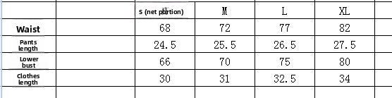 Measurement chart for waist, pants length, lower leg, and clothes length with size labels.