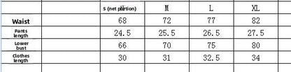 Measurement chart for waist, pants length, lower leg, and clothes length with size labels.