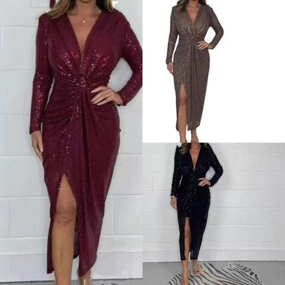 Sequins Low V-Neck Long Sleeve Partrty Dress