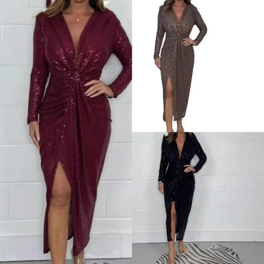 Sequins Low V-Neck Long Sleeve Partrty Dress