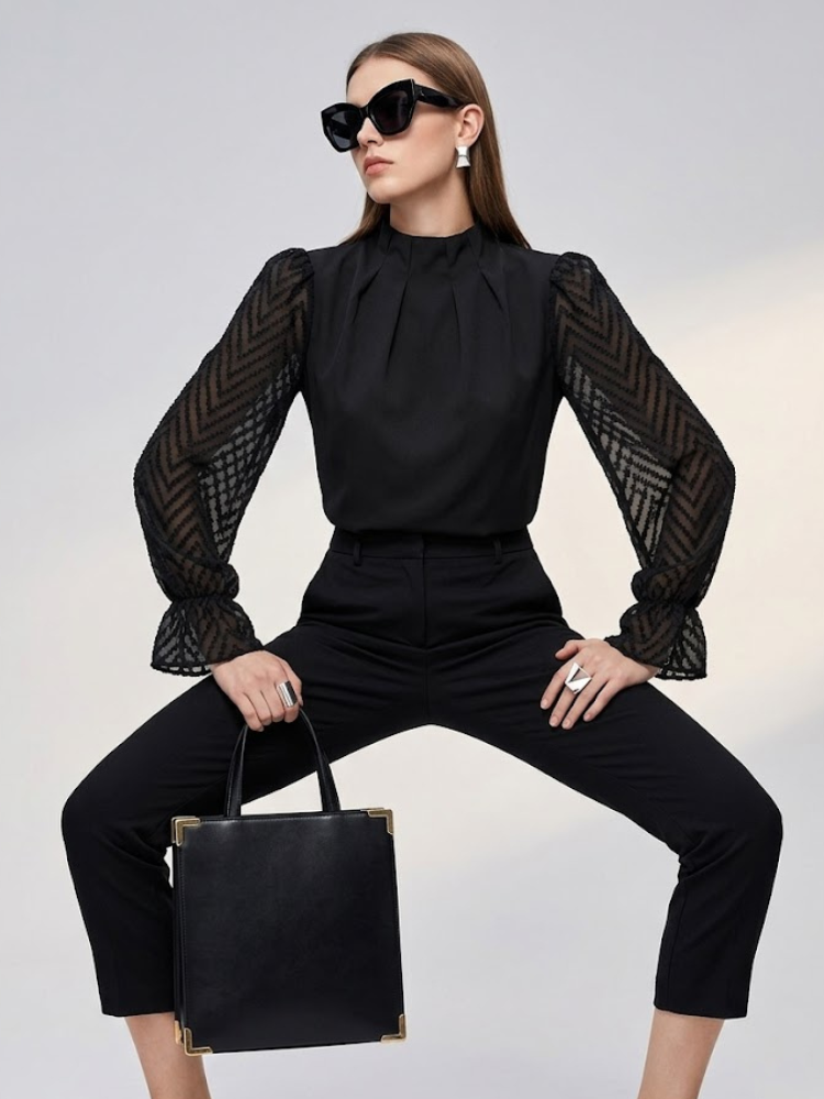 Soho High Neck Black Chevron Blouse