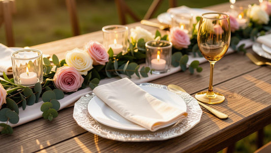 Pearl charger plate shown with accompanying tableware in similar color scheme.