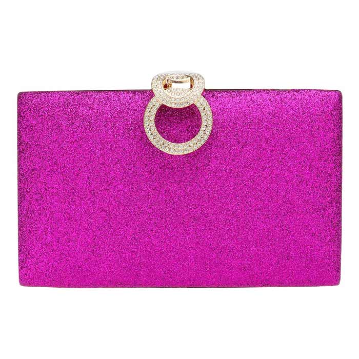Purple clutch bag with a decorative ring on a white background