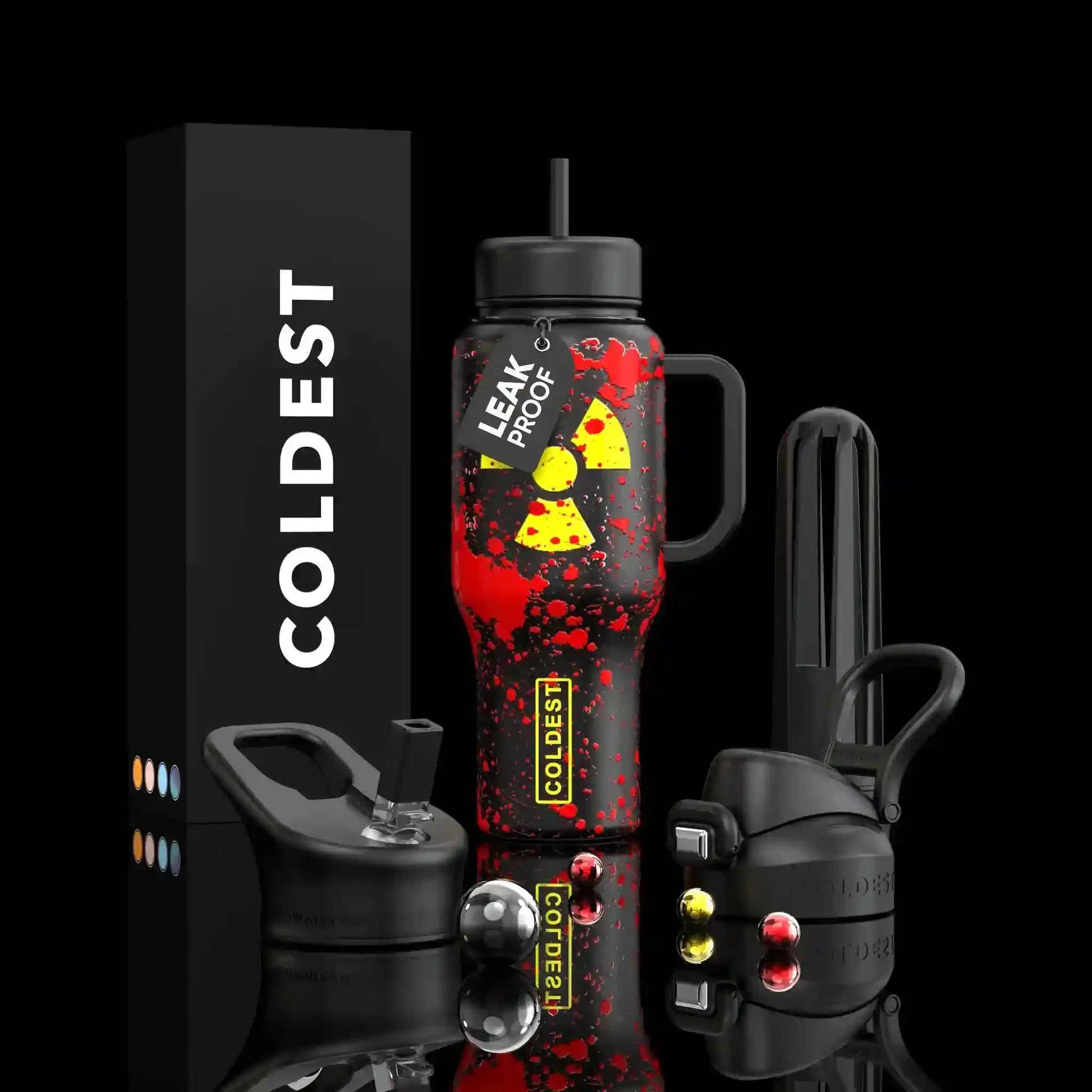 Black water bottle with red splatter design and 'Coldest' branding on a black background