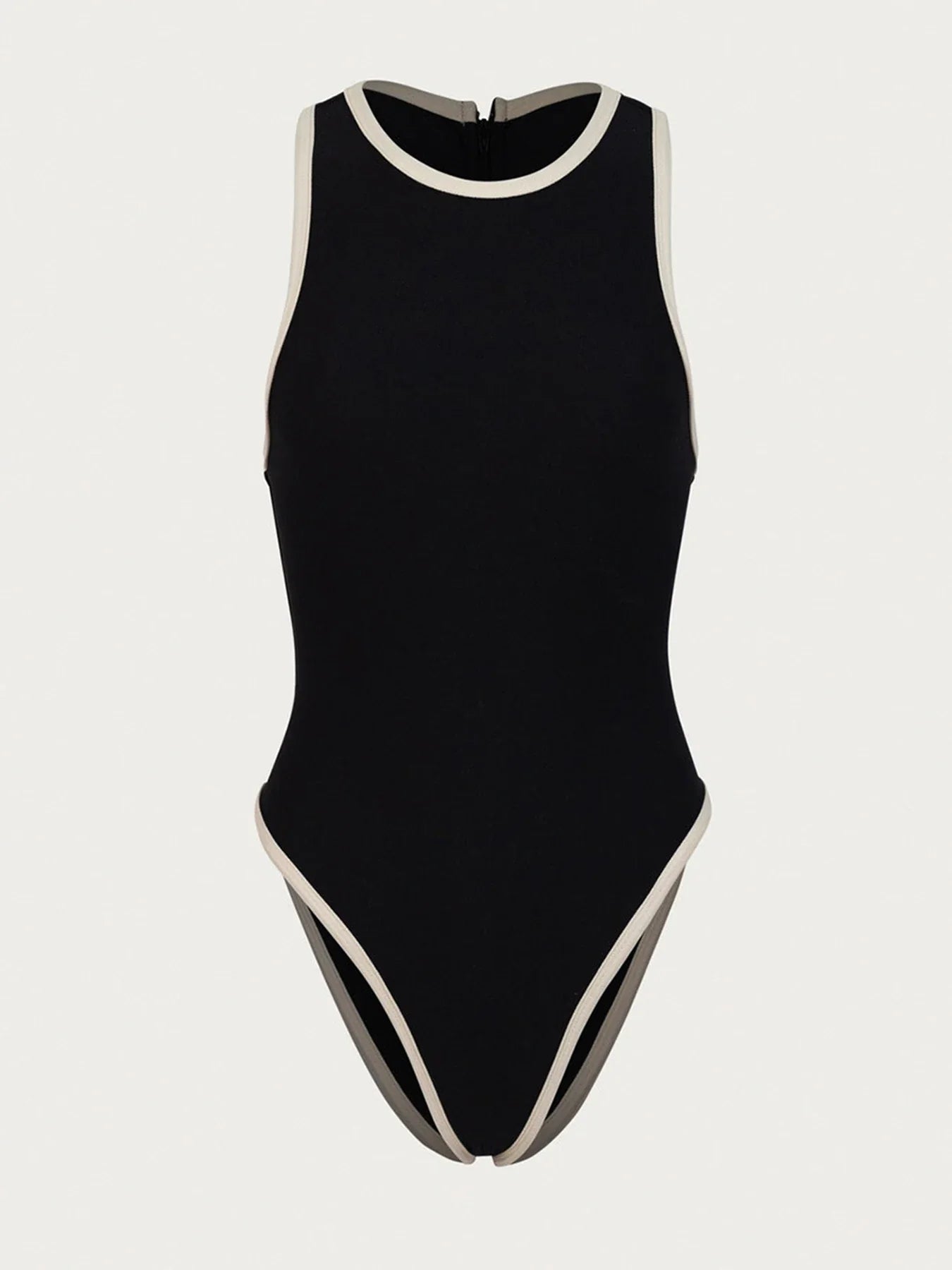 Black swimsuit with white trim on a light gray background