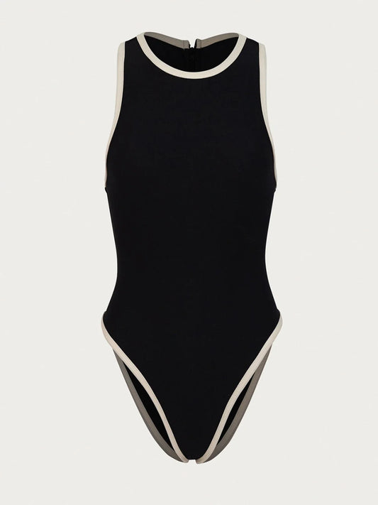 Black swimsuit with white trim on a light gray background