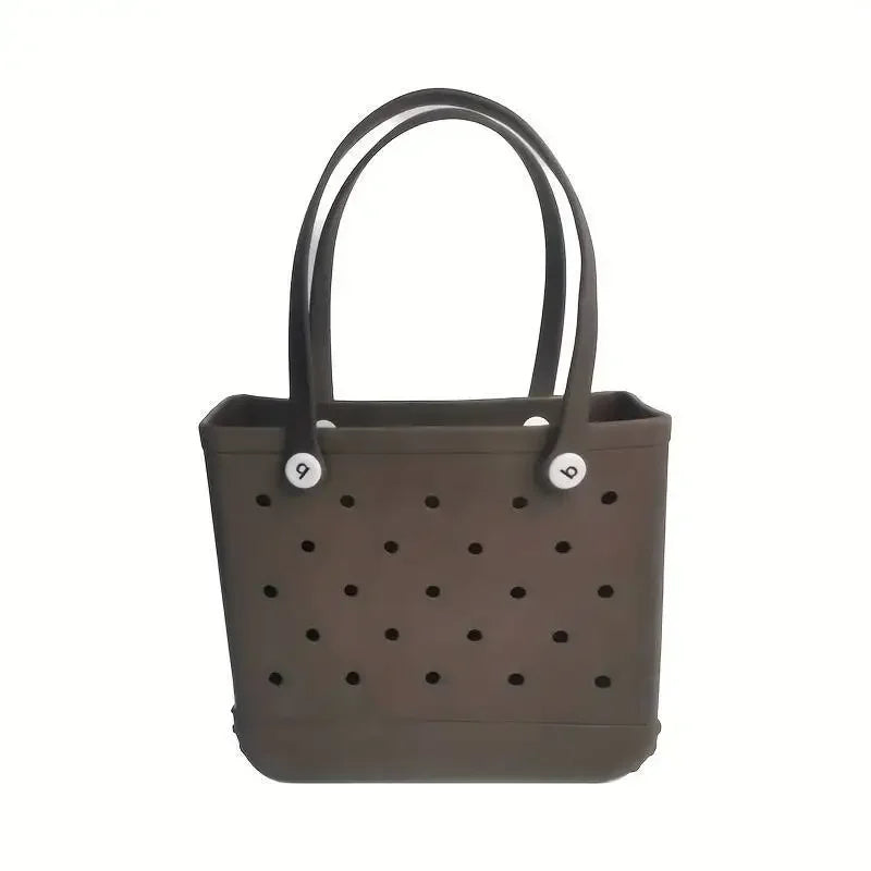Brown tote bag with black polka dots on a white background