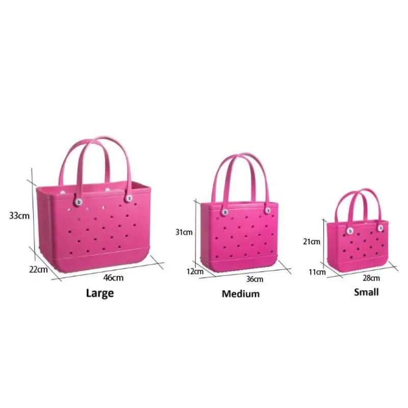 Three pink handbags with measurements labeled for large, medium, and small sizes on a white background.