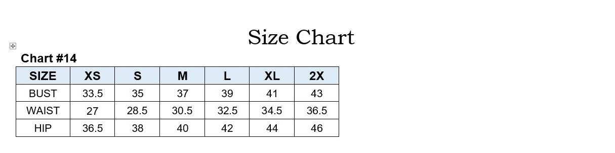 Size chart for clothing measurements with bust, waist, and hip dimensions.