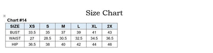 Size chart for clothing measurements with bust, waist, and hip dimensions.