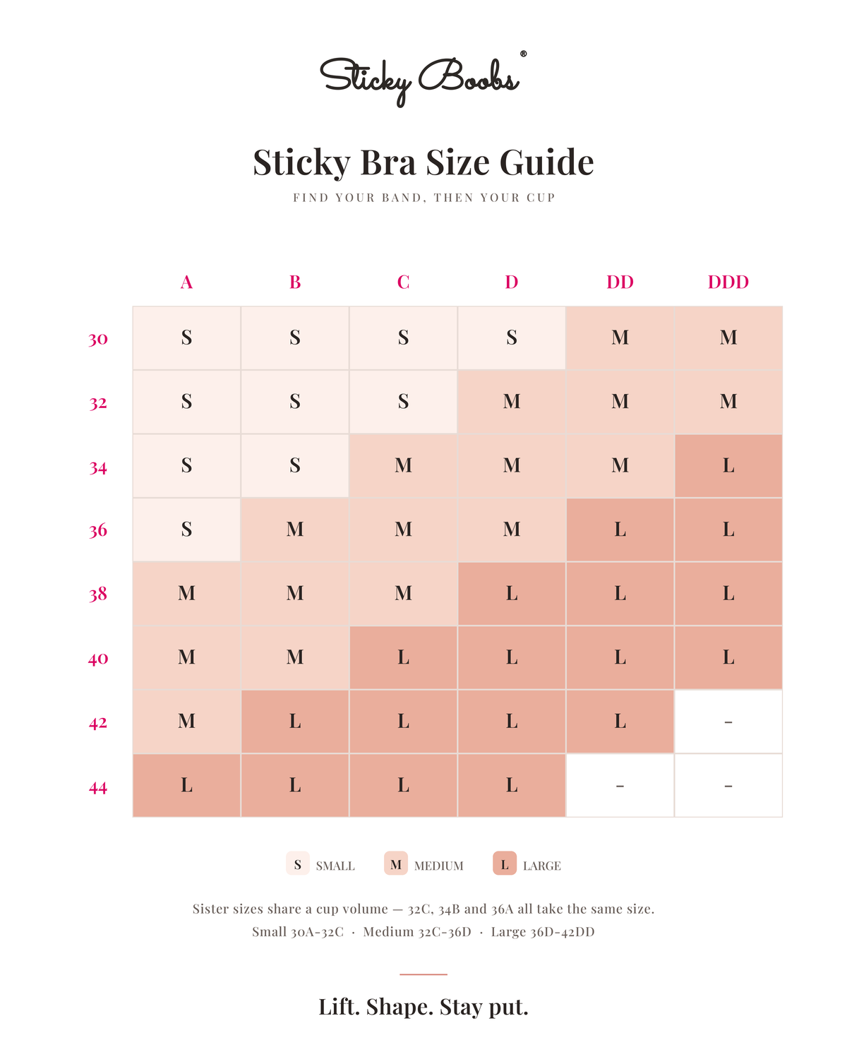 Sticky Bra size chart mapping band sizes 30–44 and cup sizes A–DDD to Small, Medium, or Large.